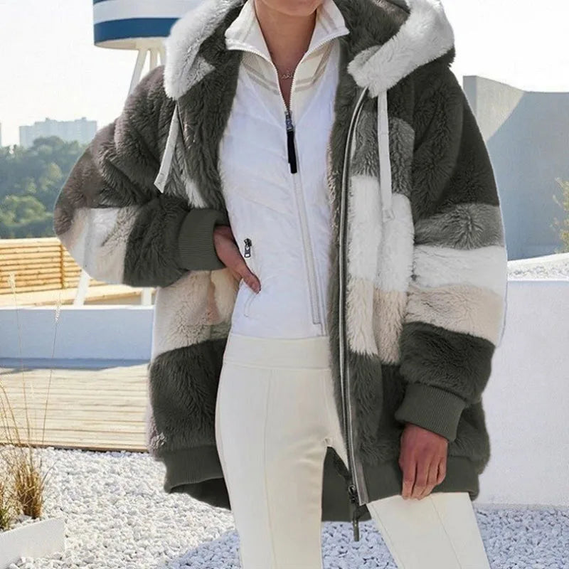 2024 Autumn Winter  Warm Plush Patchwork Zipper Pocket  Hooded Loose Coat Women