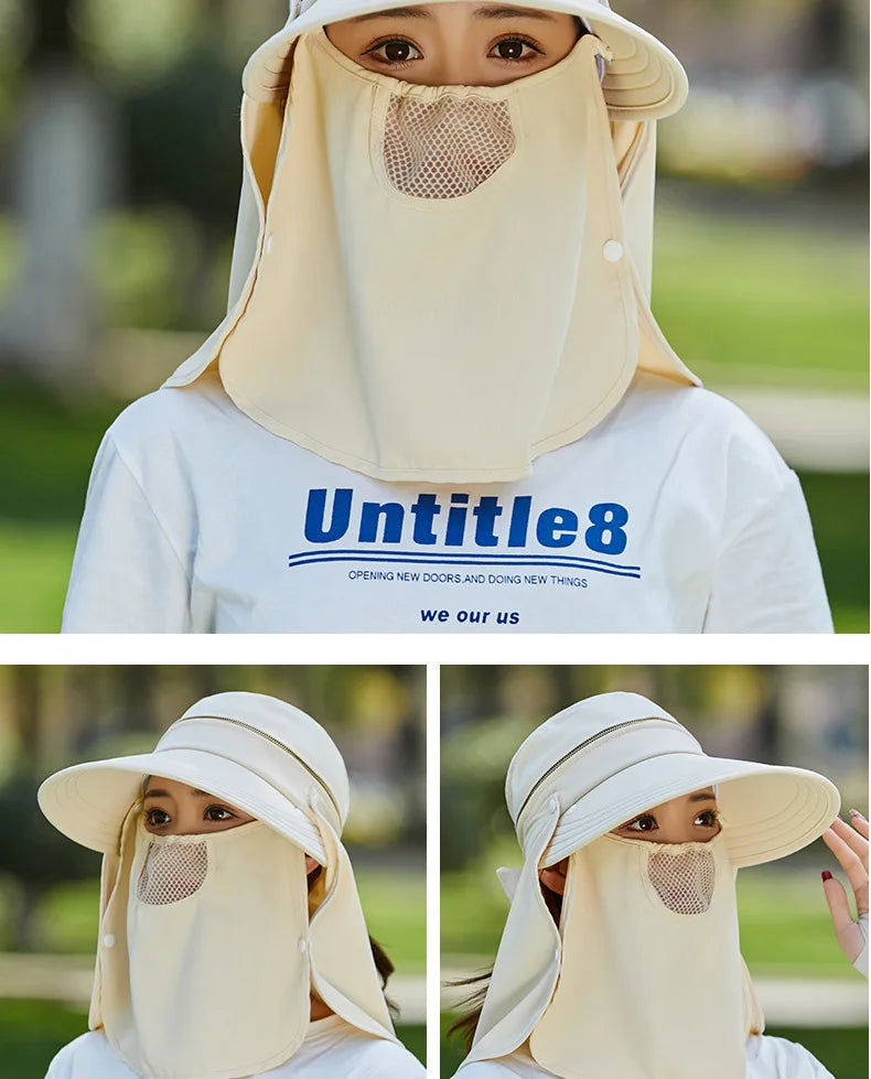 Women Outdoor Riding Anti-UV Sun Hat Foldable Big Brim Hats Neck Face Protection Detachable Mask Sunscreen Breathable Beach Caps