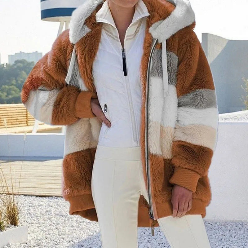 2024 Autumn Winter  Warm Plush Patchwork Zipper Pocket  Hooded Loose Coat Women