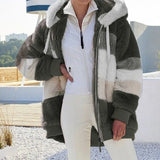 2024 Autumn Winter  Warm Plush Patchwork Zipper Pocket  Hooded Loose Coat Women