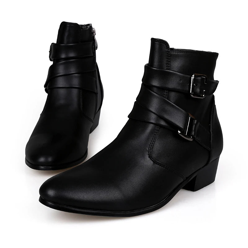 VUSUVON Fashion Men Spring Autumn Pointed Toe Height Increase Chelsea Ankle Boots Western High Top Casual Shoe PU Leather