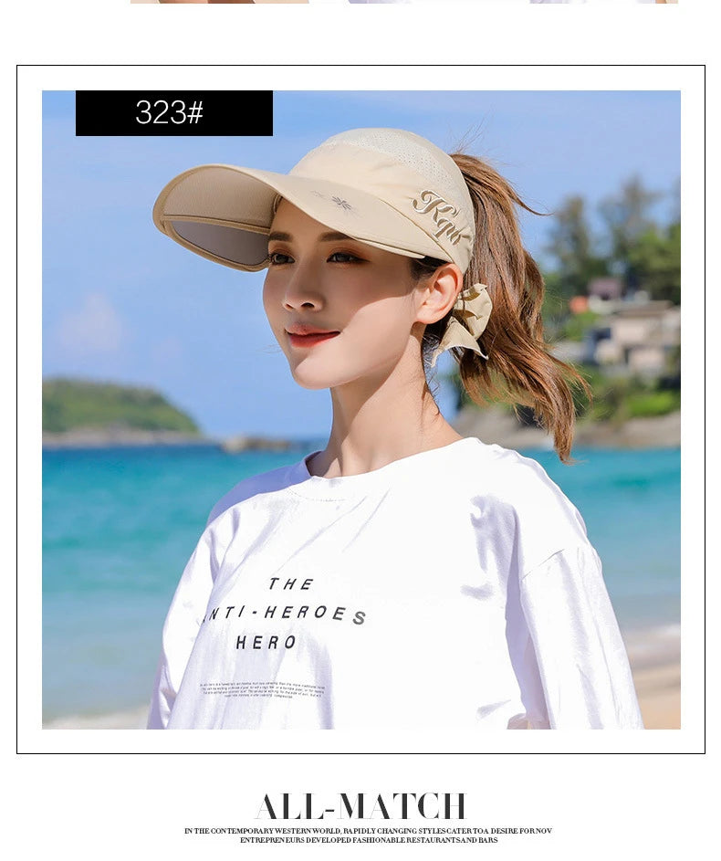 Women's Sun Hat Cycling Breathable Visor Caps Female Scalable Brim Empty Top Baseball Cap Wide Brim Cap UV Protection Beach Hats
