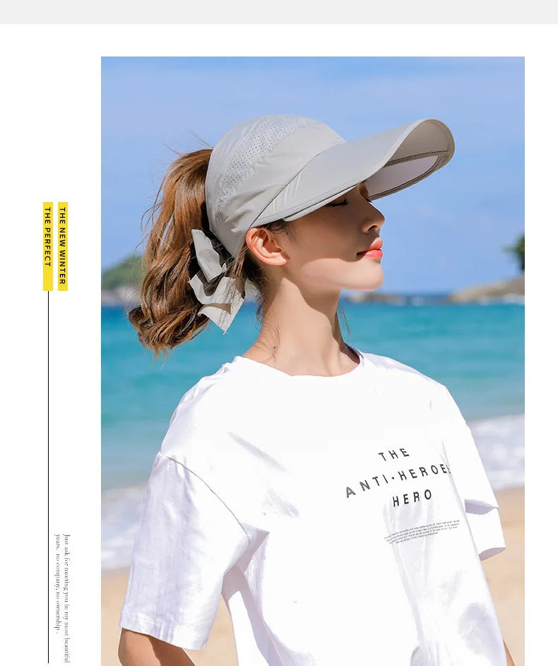 Women's Sun Hat Cycling Breathable Visor Caps Female Scalable Brim Empty Top Baseball Cap Wide Brim Cap UV Protection Beach Hats