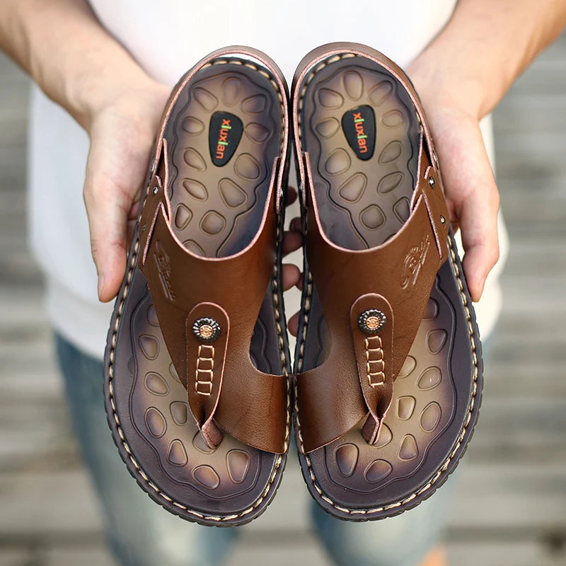 Hot Sale Men's Summer Sandals Breathable Leather Flip-Flops Slippers Men  Hand-made Beach Casual Shoes Big Size 47