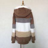 2024 Autumn Winter  Warm Plush Patchwork Zipper Pocket  Hooded Loose Coat Women