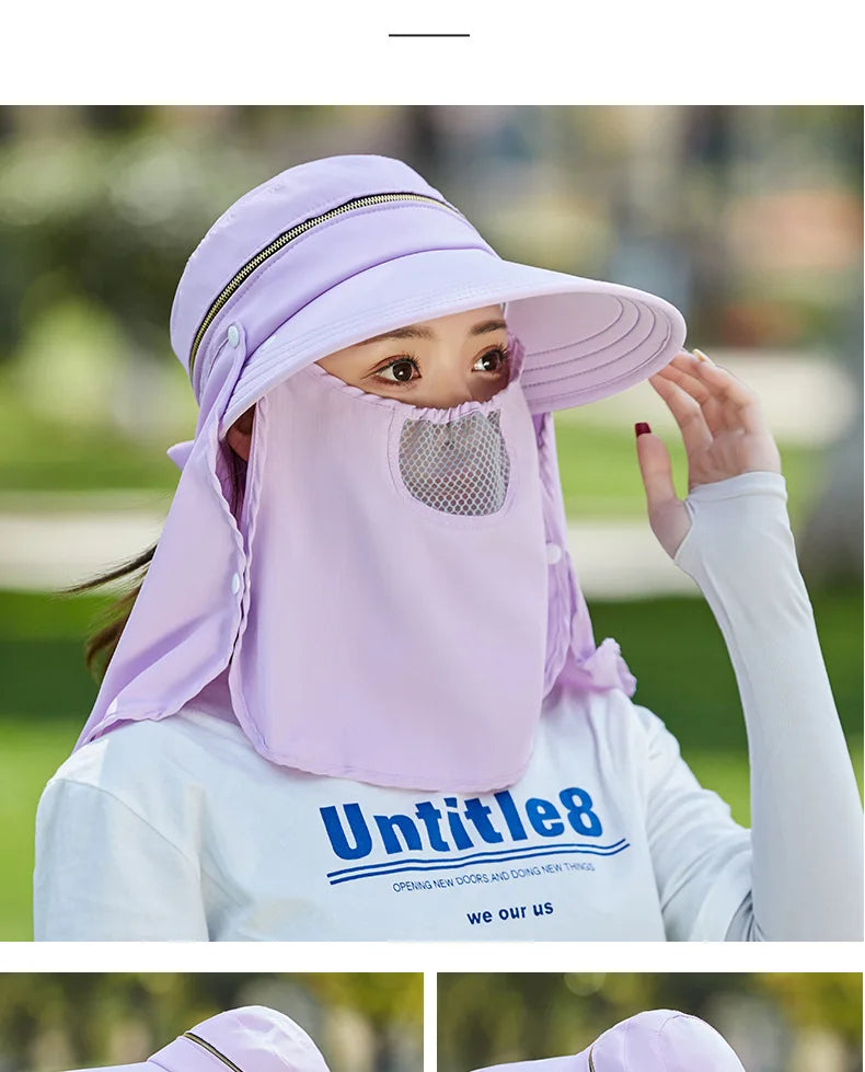 Women Outdoor Riding Anti-UV Sun Hat Foldable Big Brim Hats Neck Face Protection Detachable Mask Sunscreen Breathable Beach Caps