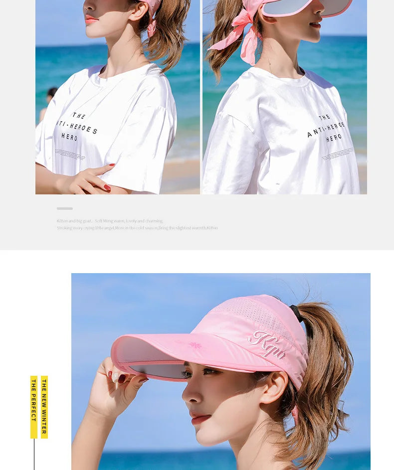 Women's Sun Hat Cycling Breathable Visor Caps Female Scalable Brim Empty Top Baseball Cap Wide Brim Cap UV Protection Beach Hats