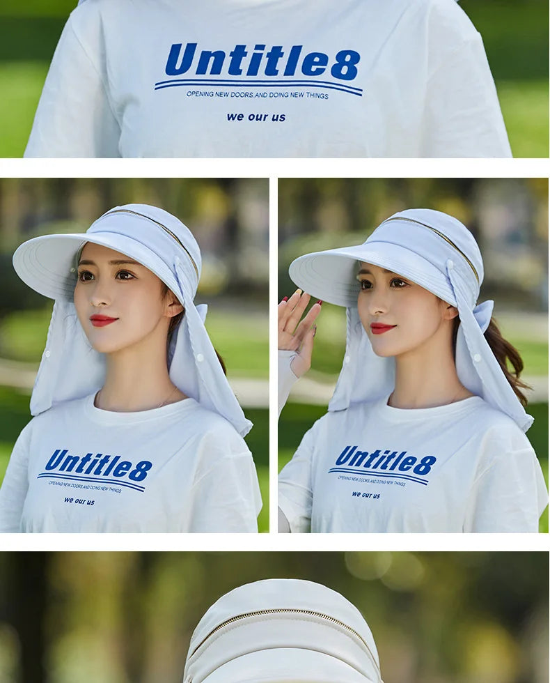 Women Outdoor Riding Anti-UV Sun Hat Foldable Big Brim Hats Neck Face Protection Detachable Mask Sunscreen Breathable Beach Caps