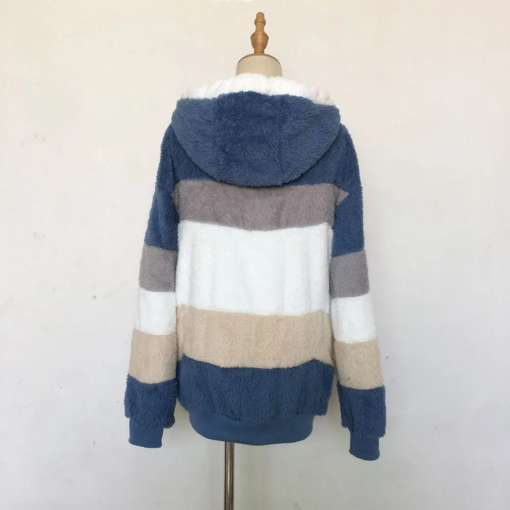 2024 Autumn Winter  Warm Plush Patchwork Zipper Pocket  Hooded Loose Coat Women