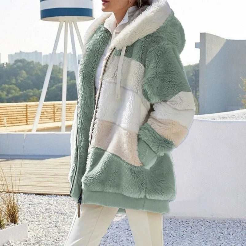 2024 Autumn Winter  Warm Plush Patchwork Zipper Pocket  Hooded Loose Coat Women
