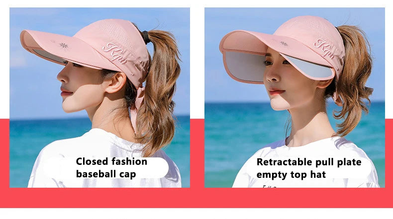 Women's Sun Hat Cycling Breathable Visor Caps Female Scalable Brim Empty Top Baseball Cap Wide Brim Cap UV Protection Beach Hats