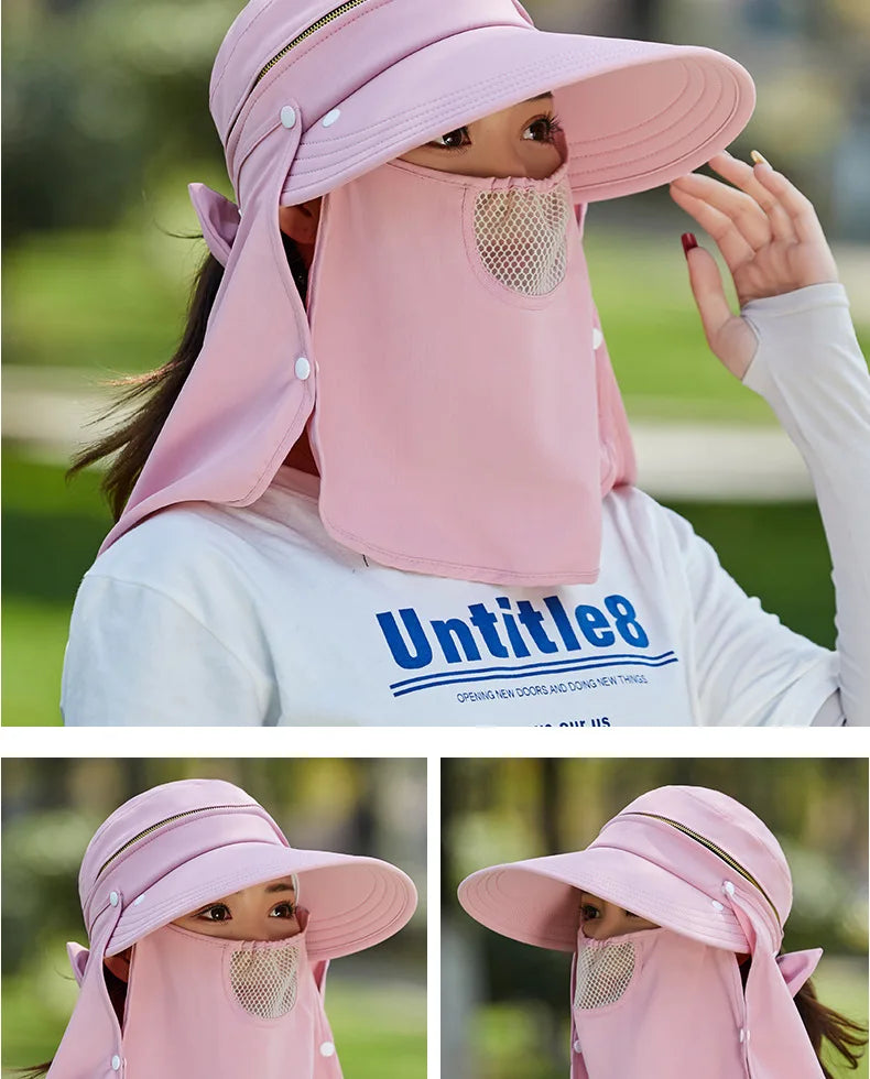 Women Outdoor Riding Anti-UV Sun Hat Foldable Big Brim Hats Neck Face Protection Detachable Mask Sunscreen Breathable Beach Caps