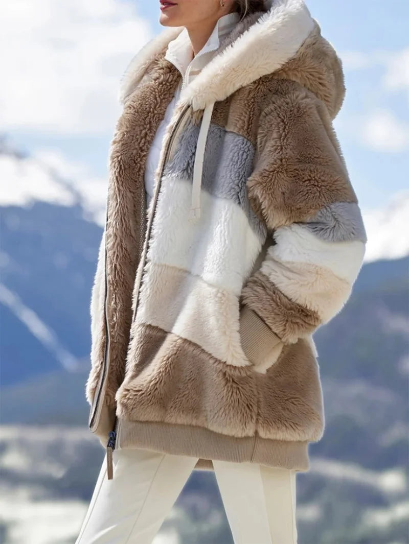 2024 Autumn Winter  Warm Plush Patchwork Zipper Pocket  Hooded Loose Coat Women