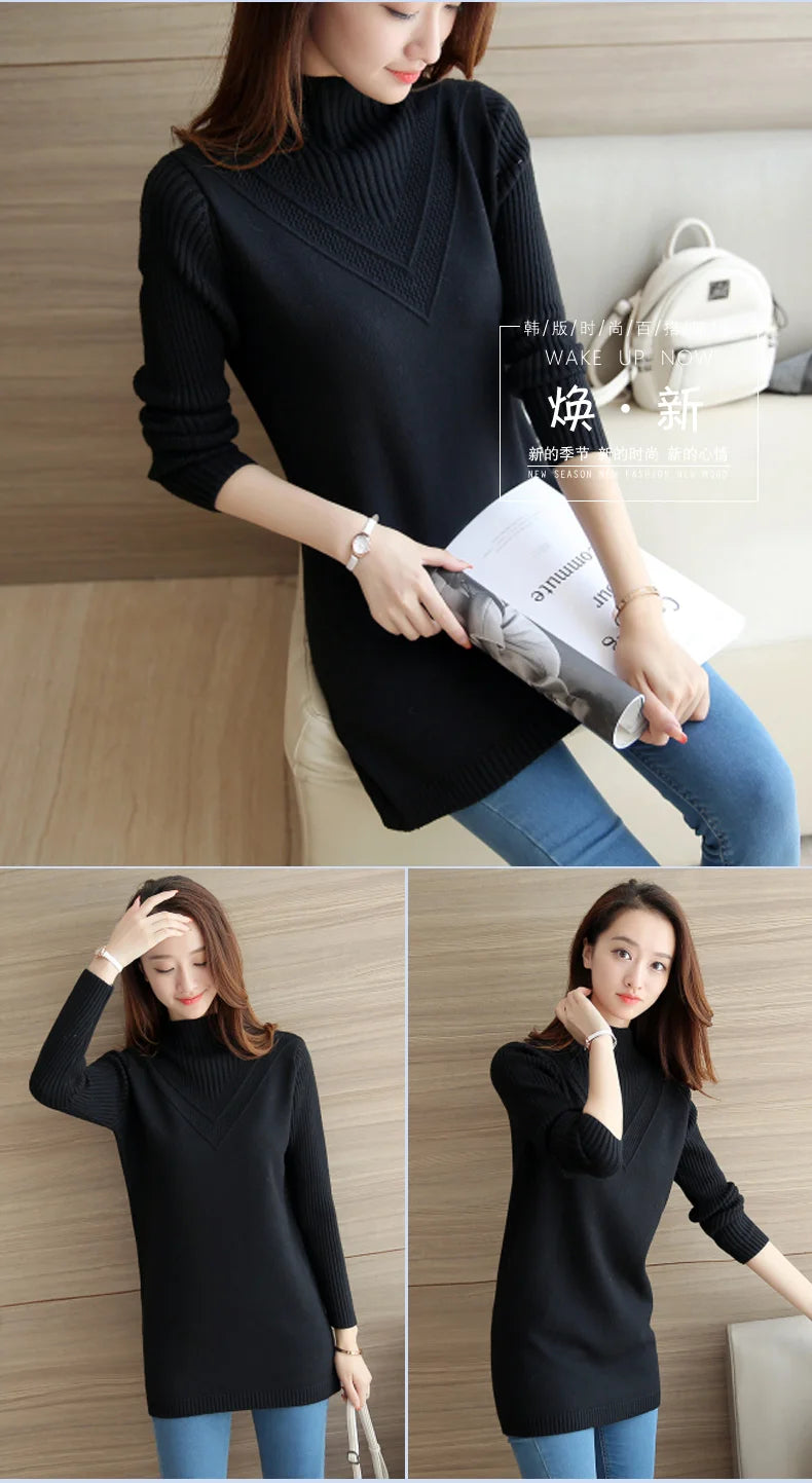 Spring Autumn Winter New Turtleneck Sweater Women's Jumper Medium Long Wool Knit Top Pullover Bottoming Sweaters Pulls Femmes