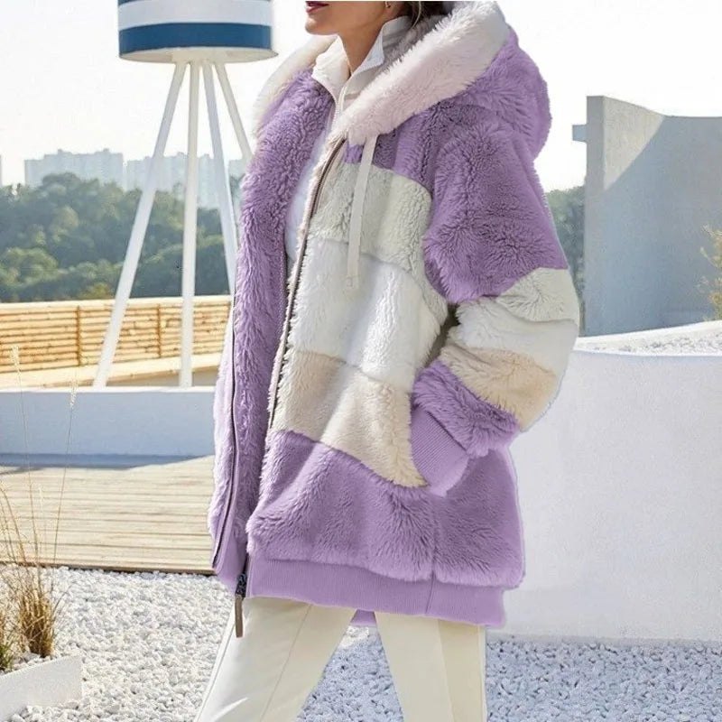 2024 Autumn Winter  Warm Plush Patchwork Zipper Pocket  Hooded Loose Coat Women