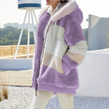 2024 Autumn Winter  Warm Plush Patchwork Zipper Pocket  Hooded Loose Coat Women