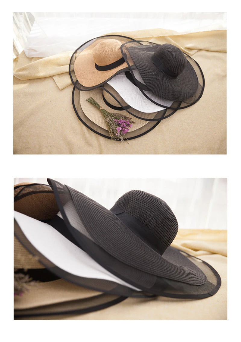 HT2504 Sun Hat Summer Anti-UV Lady Wide Brim Hat Women Solid Plain Floppy Summer Straw Hats for Women Female Mesh Brim Beach Hat