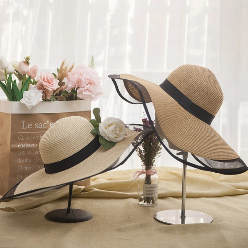 HT2504 Sun Hat Summer Anti-UV Lady Wide Brim Hat Women Solid Plain Floppy Summer Straw Hats for Women Female Mesh Brim Beach Hat