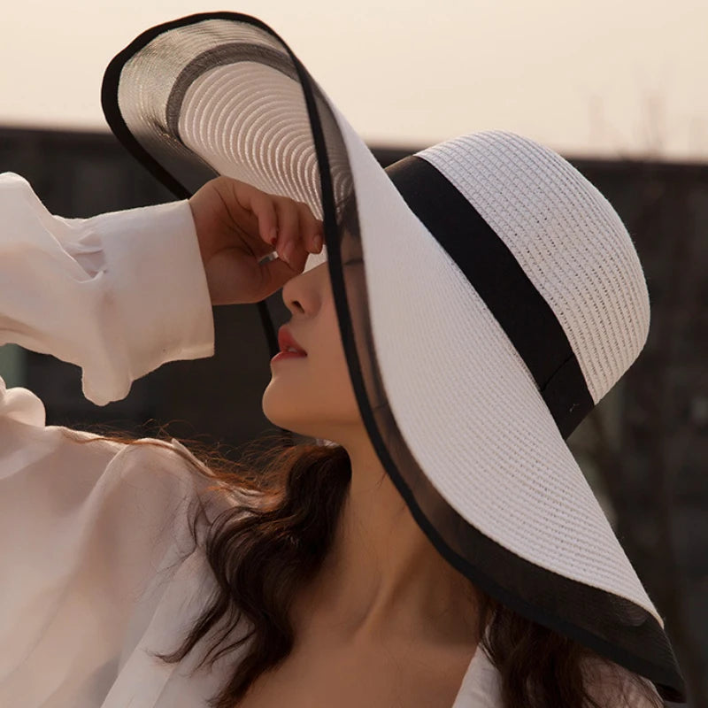 HT2504 Sun Hat Summer Anti-UV Lady Wide Brim Hat Women Solid Plain Floppy Summer Straw Hats for Women Female Mesh Brim Beach Hat