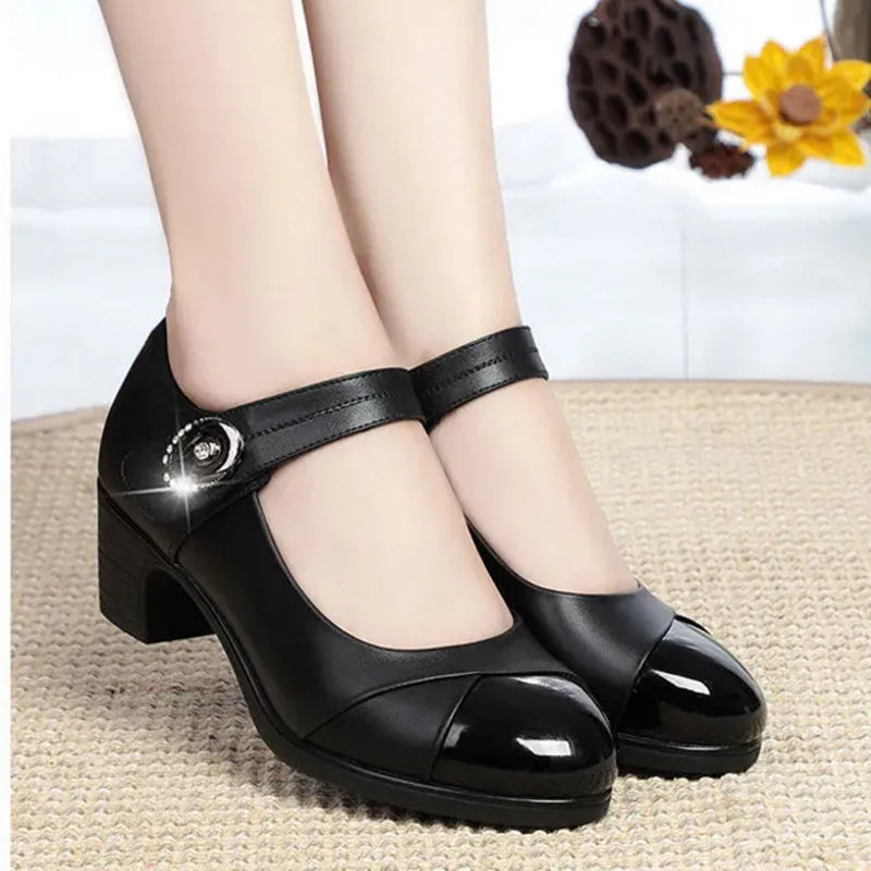 Cresfimix Women Classic Light Weight Round Toe Black Pu Leather Square Heel Pumps for Office Lady Shoes Sapatos Azuis C6446c