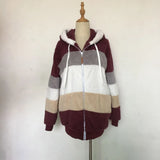 2024 Autumn Winter  Warm Plush Patchwork Zipper Pocket  Hooded Loose Coat Women