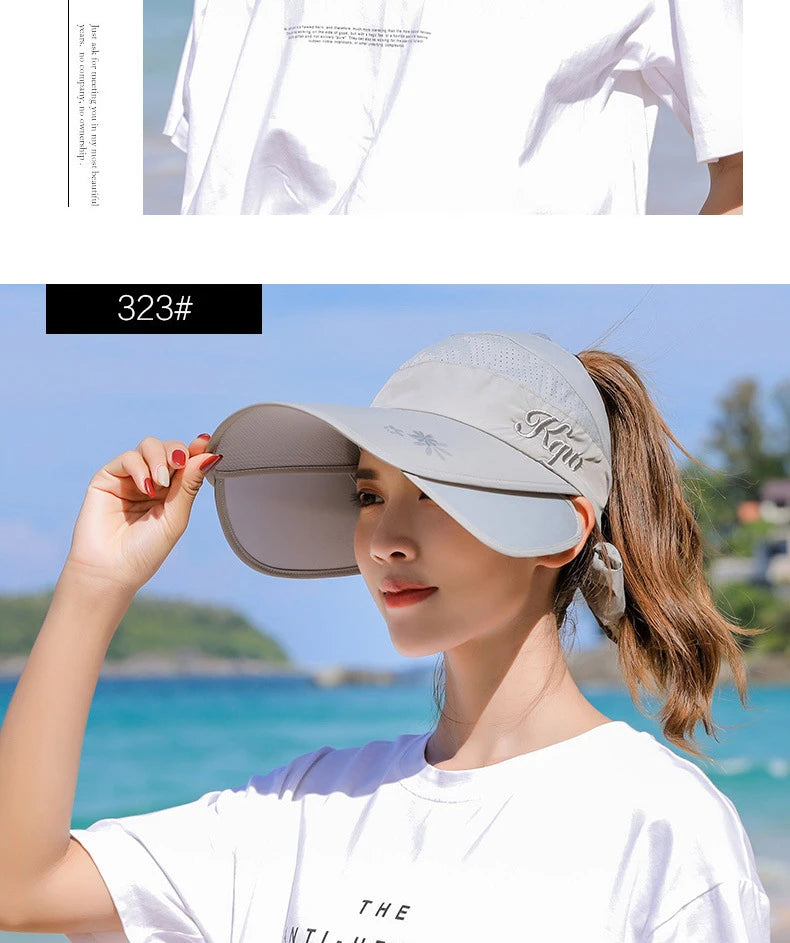 Women's Sun Hat Cycling Breathable Visor Caps Female Scalable Brim Empty Top Baseball Cap Wide Brim Cap UV Protection Beach Hats