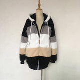 2024 Autumn Winter  Warm Plush Patchwork Zipper Pocket  Hooded Loose Coat Women