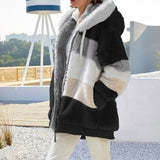 2024 Autumn Winter  Warm Plush Patchwork Zipper Pocket  Hooded Loose Coat Women
