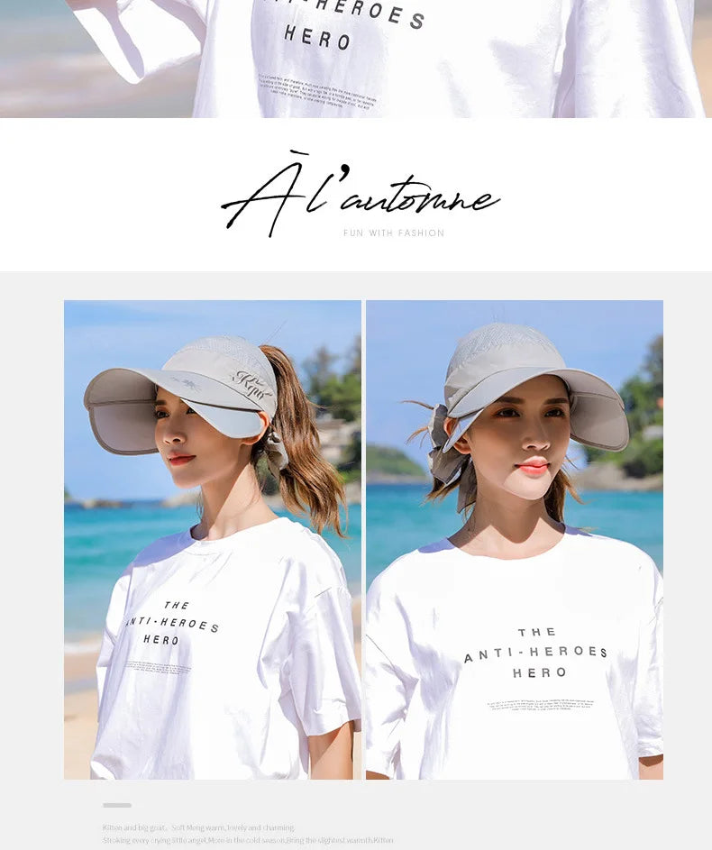 Women's Sun Hat Cycling Breathable Visor Caps Female Scalable Brim Empty Top Baseball Cap Wide Brim Cap UV Protection Beach Hats
