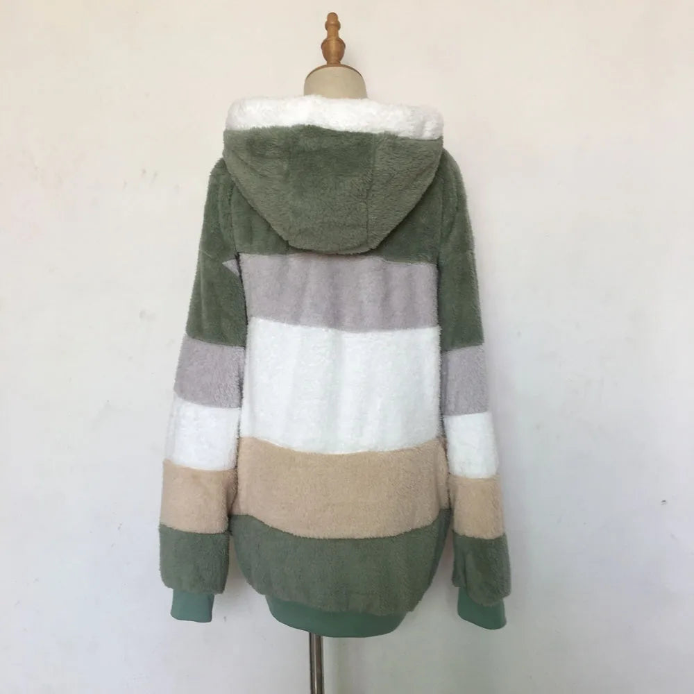 2024 Autumn Winter  Warm Plush Patchwork Zipper Pocket  Hooded Loose Coat Women