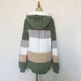 2024 Autumn Winter  Warm Plush Patchwork Zipper Pocket  Hooded Loose Coat Women