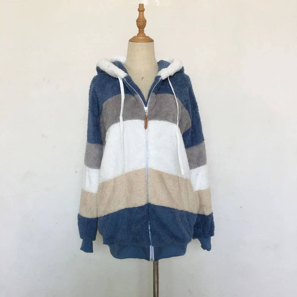 2024 Autumn Winter  Warm Plush Patchwork Zipper Pocket  Hooded Loose Coat Women