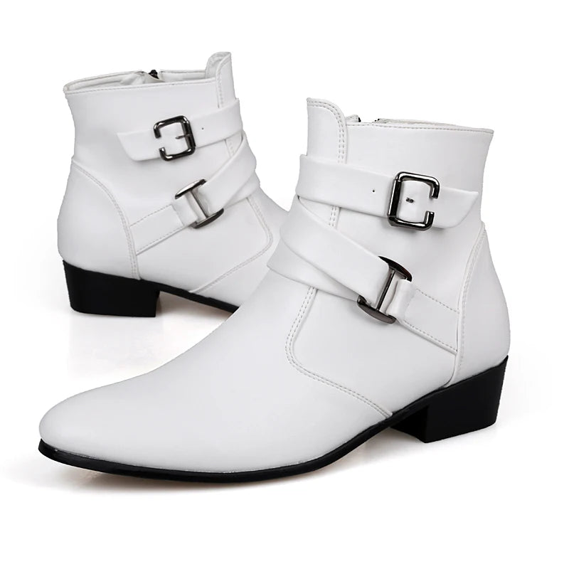 VUSUVON Fashion Men Spring Autumn Pointed Toe Height Increase Chelsea Ankle Boots Western High Top Casual Shoe PU Leather