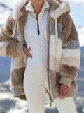 2024 Autumn Winter  Warm Plush Patchwork Zipper Pocket  Hooded Loose Coat Women