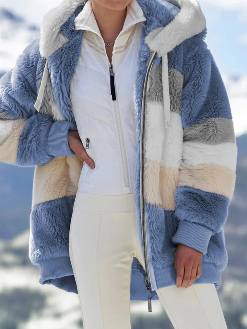 2024 Autumn Winter  Warm Plush Patchwork Zipper Pocket  Hooded Loose Coat Women