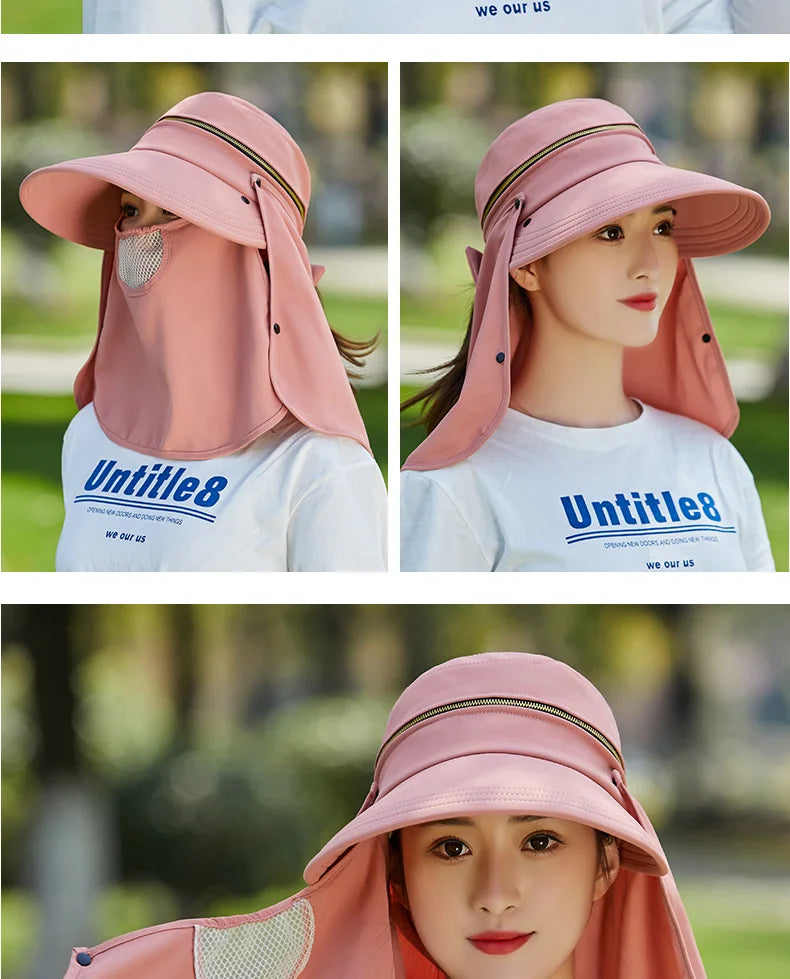 Women Outdoor Riding Anti-UV Sun Hat Foldable Big Brim Hats Neck Face Protection Detachable Mask Sunscreen Breathable Beach Caps