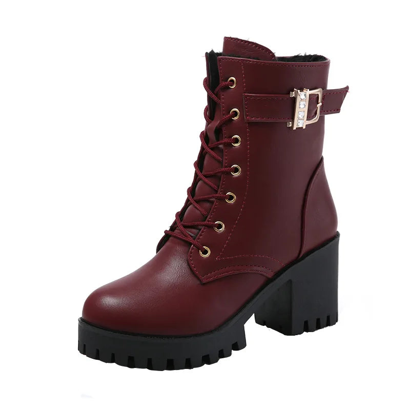 Hot Sale Women Boots Lace Up Flat Biker  Wine Red Boots Shoes Buckle Woman Botas Women  Boots 2021 New