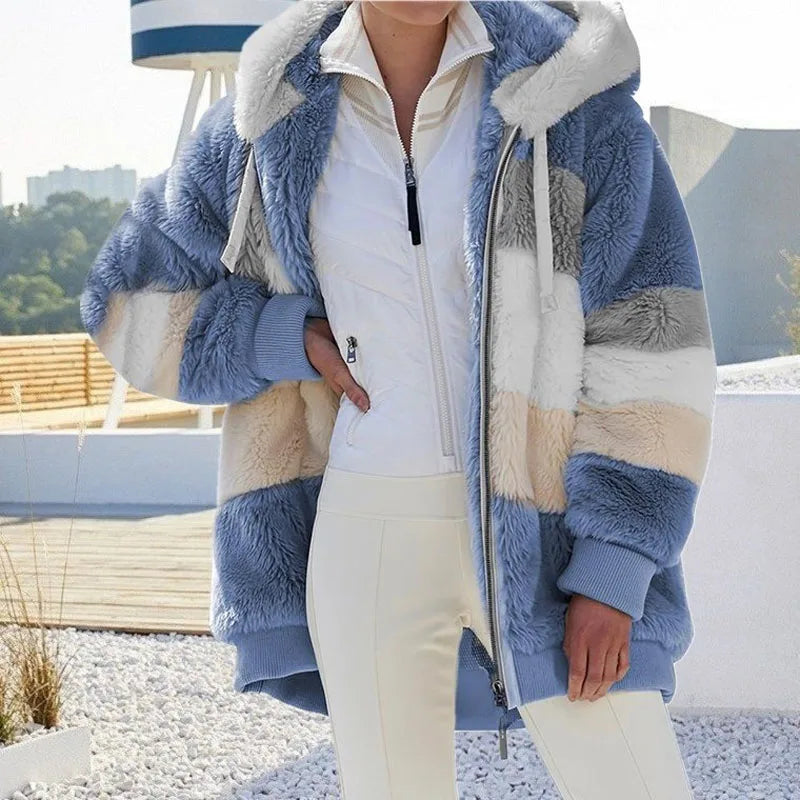 2024 Autumn Winter  Warm Plush Patchwork Zipper Pocket  Hooded Loose Coat Women
