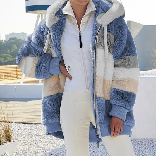 2024 Autumn Winter  Warm Plush Patchwork Zipper Pocket  Hooded Loose Coat Women