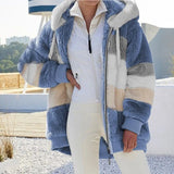 2024 Autumn Winter  Warm Plush Patchwork Zipper Pocket  Hooded Loose Coat Women