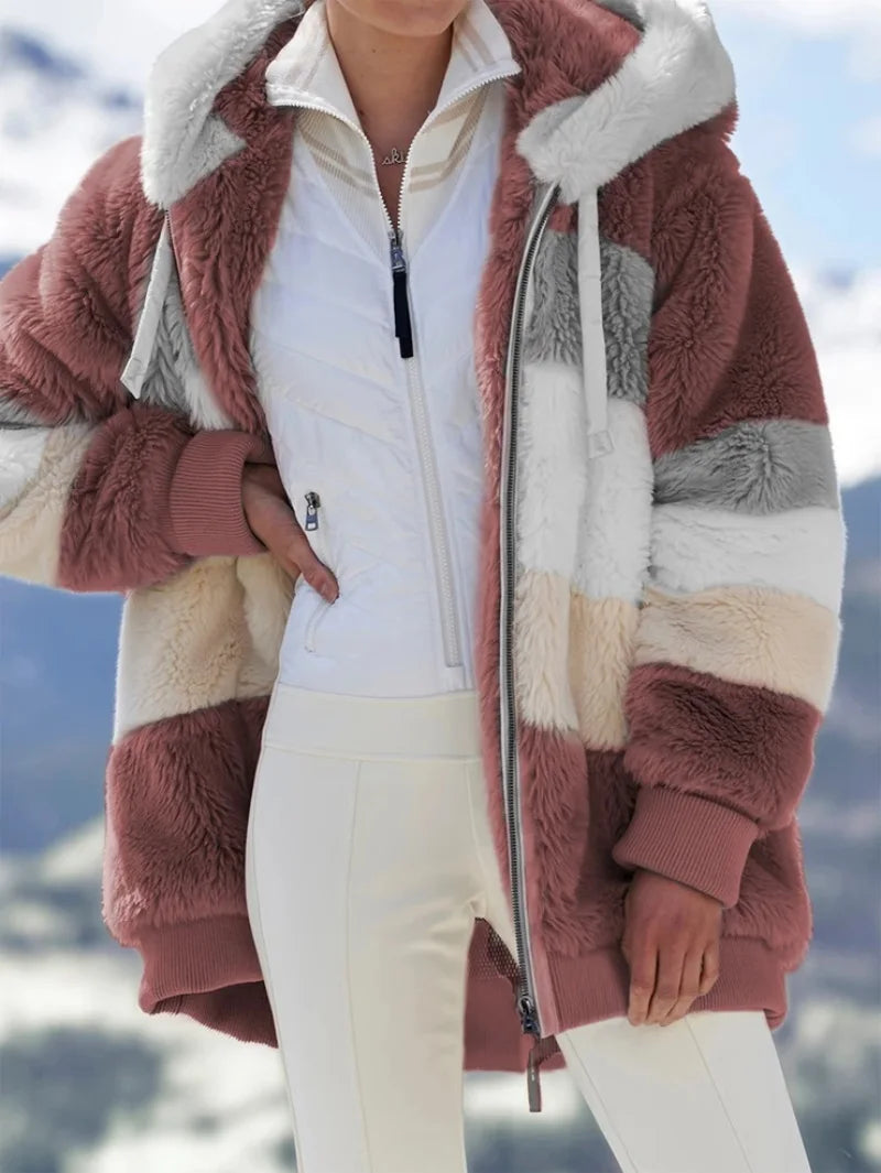 2024 Autumn Winter  Warm Plush Patchwork Zipper Pocket  Hooded Loose Coat Women