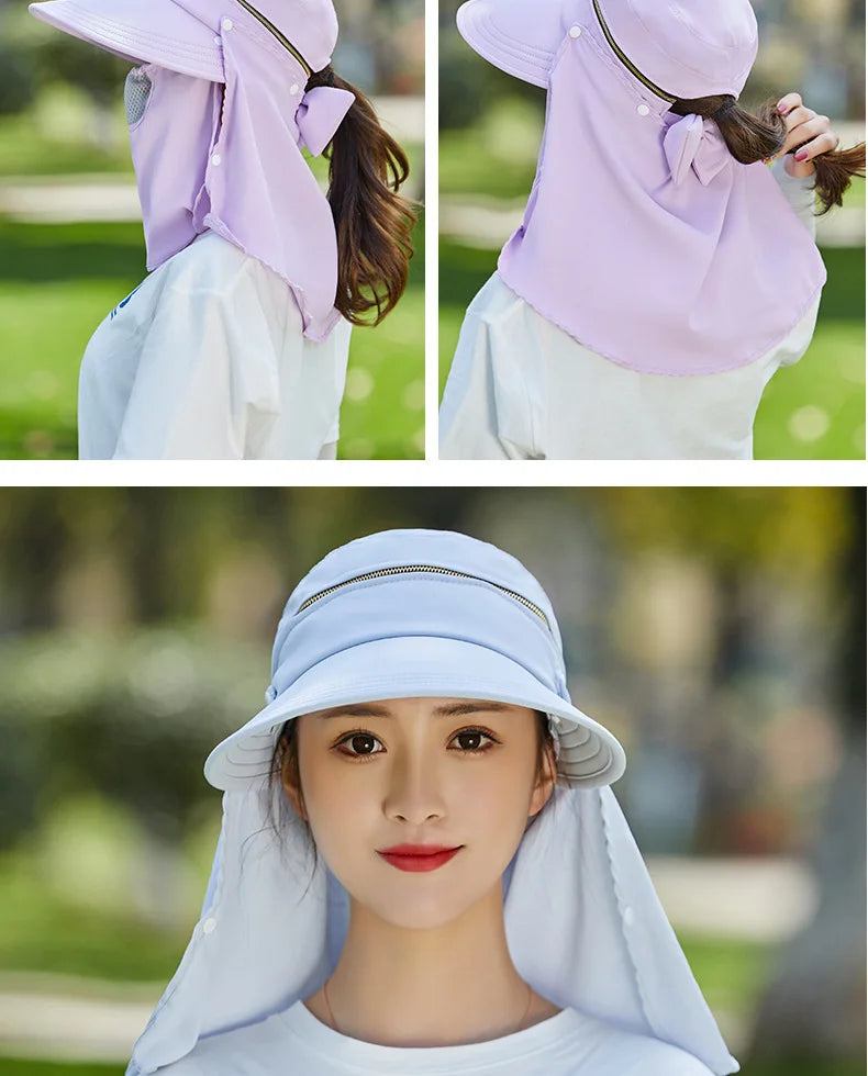 Women Outdoor Riding Anti-UV Sun Hat Foldable Big Brim Hats Neck Face Protection Detachable Mask Sunscreen Breathable Beach Caps