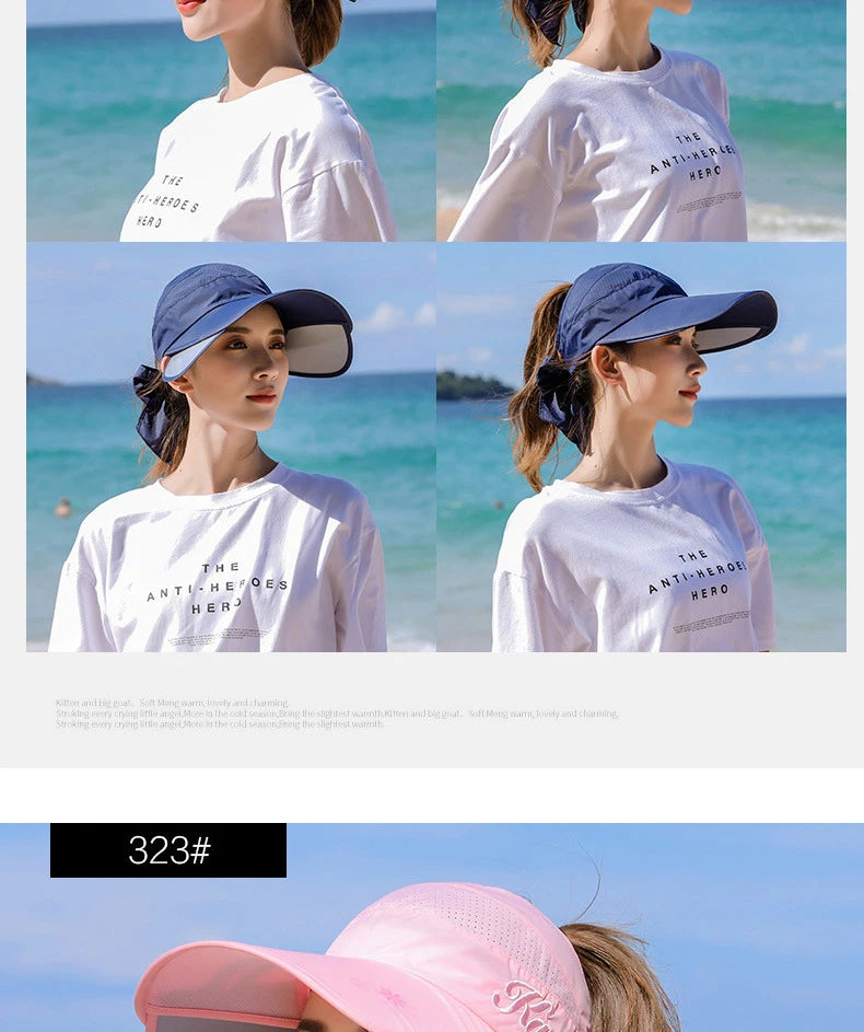 Women's Sun Hat Cycling Breathable Visor Caps Female Scalable Brim Empty Top Baseball Cap Wide Brim Cap UV Protection Beach Hats