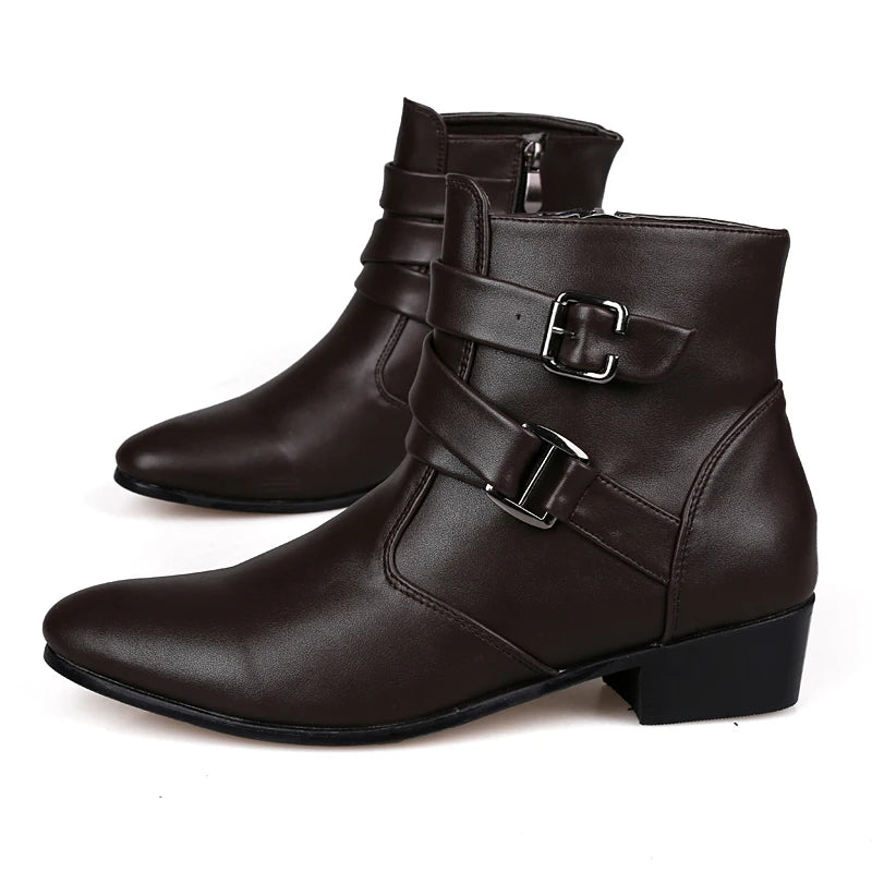 VUSUVON Fashion Men Spring Autumn Pointed Toe Height Increase Chelsea Ankle Boots Western High Top Casual Shoe PU Leather