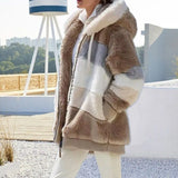 2024 Autumn Winter  Warm Plush Patchwork Zipper Pocket  Hooded Loose Coat Women