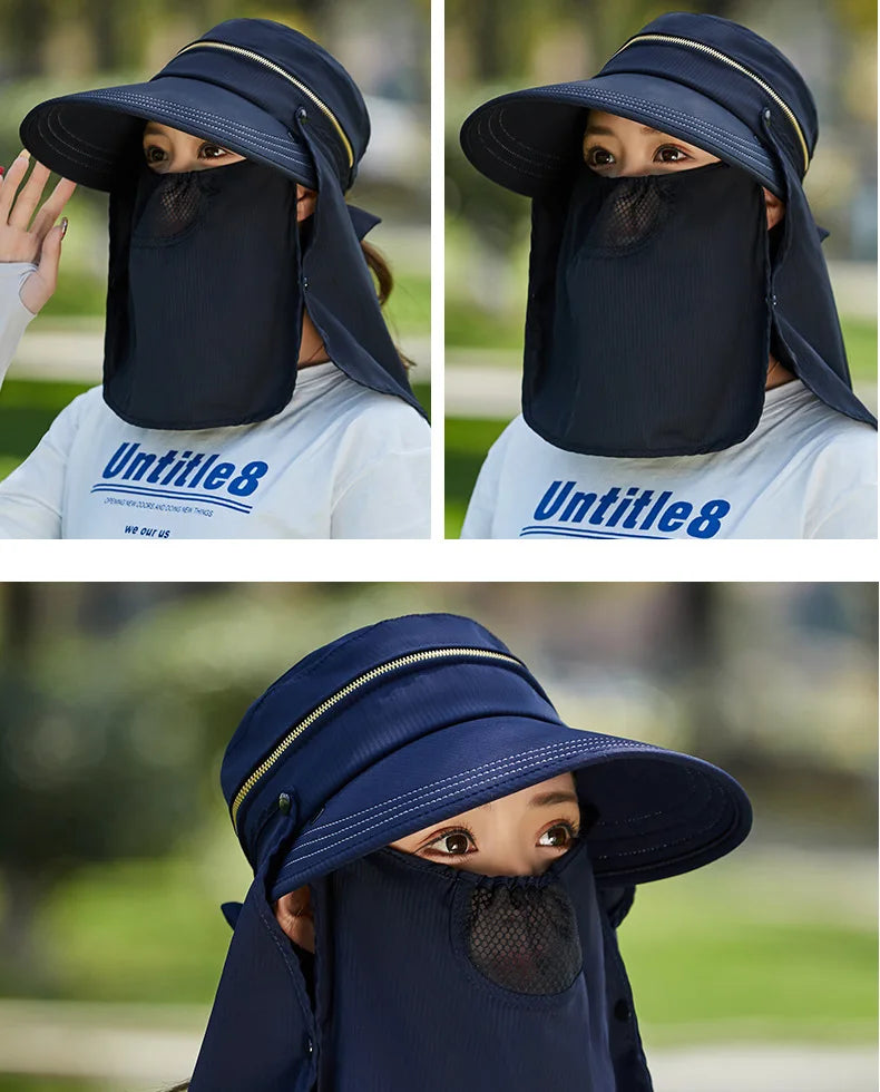 Women Outdoor Riding Anti-UV Sun Hat Foldable Big Brim Hats Neck Face Protection Detachable Mask Sunscreen Breathable Beach Caps