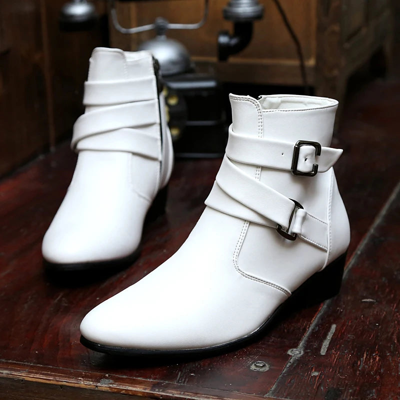 VUSUVON Fashion Men Spring Autumn Pointed Toe Height Increase Chelsea Ankle Boots Western High Top Casual Shoe PU Leather