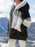 2024 Autumn Winter  Warm Plush Patchwork Zipper Pocket  Hooded Loose Coat Women