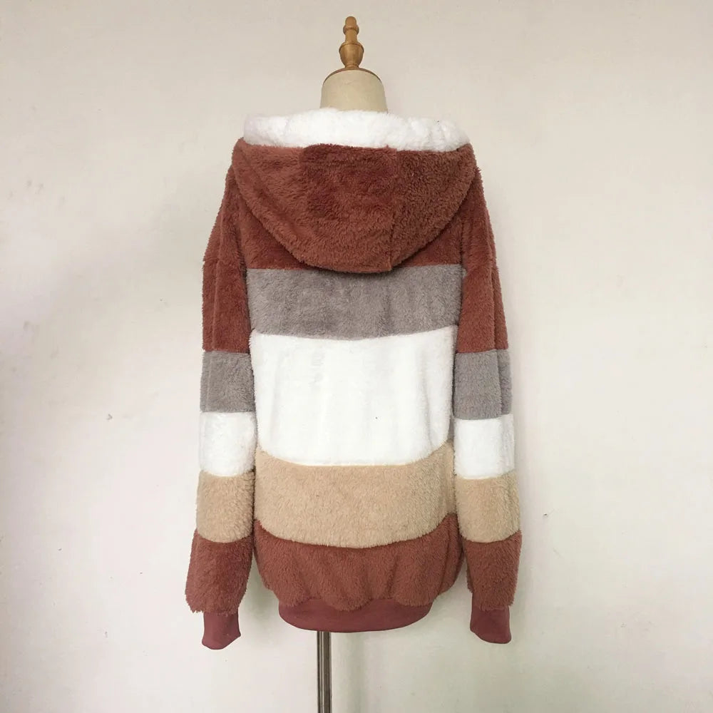 2024 Autumn Winter  Warm Plush Patchwork Zipper Pocket  Hooded Loose Coat Women
