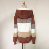 2024 Autumn Winter  Warm Plush Patchwork Zipper Pocket  Hooded Loose Coat Women